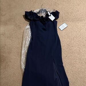 Xscape Strapless Midnight Blue Dress with Ruffle Accent